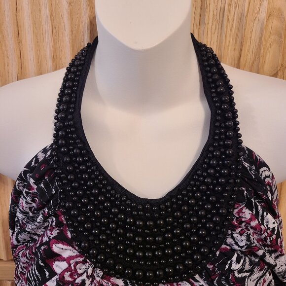 Studio Y Beaded Halter Top XL | Black Floral Print | Statement Neckline - Picture 3 of 7